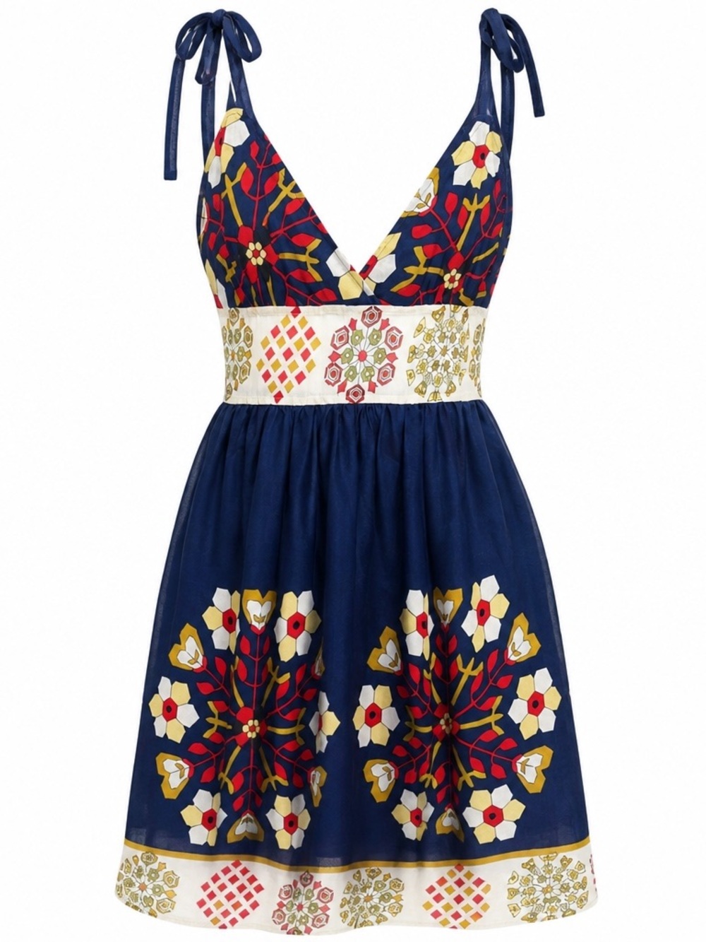 Audréa Navy Floral Medallion Print Mini Dress | Tie Shoulder | Size M - Picture 2 of 8